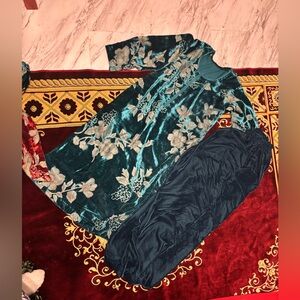 Floral Velvet Dress with Blue Accents